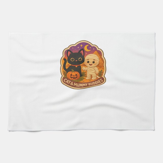 Cute Halloween Cat and Mummy Embroidery Patch Stic Kitchen Towel (Horizontal)