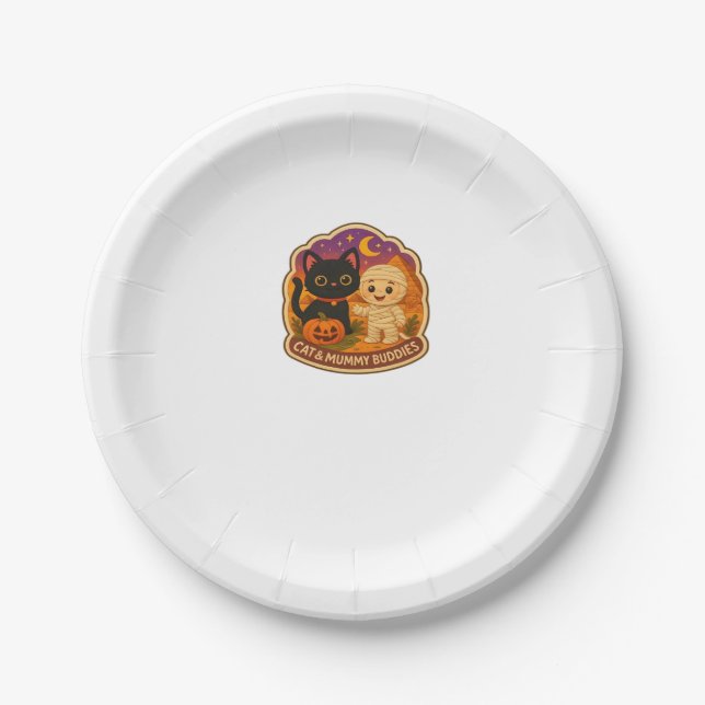 Cute Halloween Cat and Mummy Embroidery Patch Stic Paper Plate (Front)