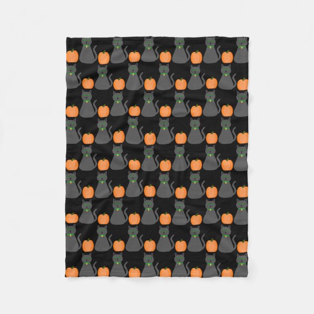 Cute Halloween Cat and Pumpkin Patterned Fleece Blanket (Front)