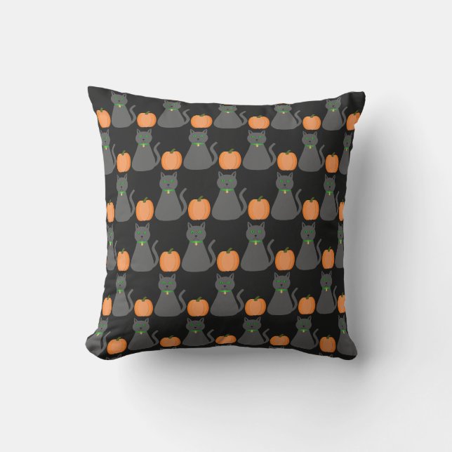 Cute Halloween Cat and Pumpkin Patterned Outdoor Pillow (Front)