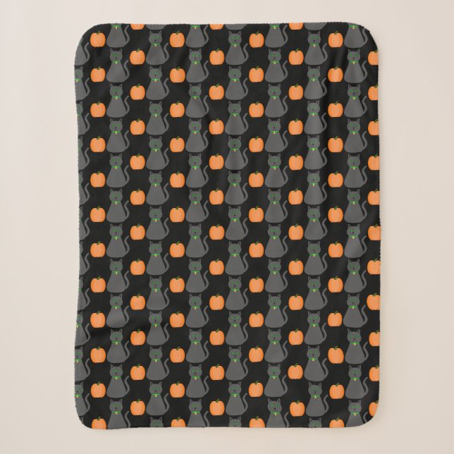 Cute Halloween Cat and Pumpkin Patterned Sherpa Blanket (Front)
