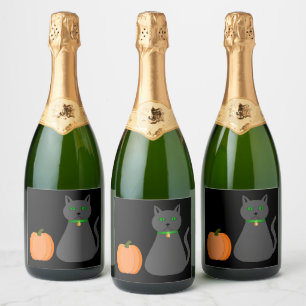 Cute Halloween Cat and Pumpkin Sparkling Wine Label