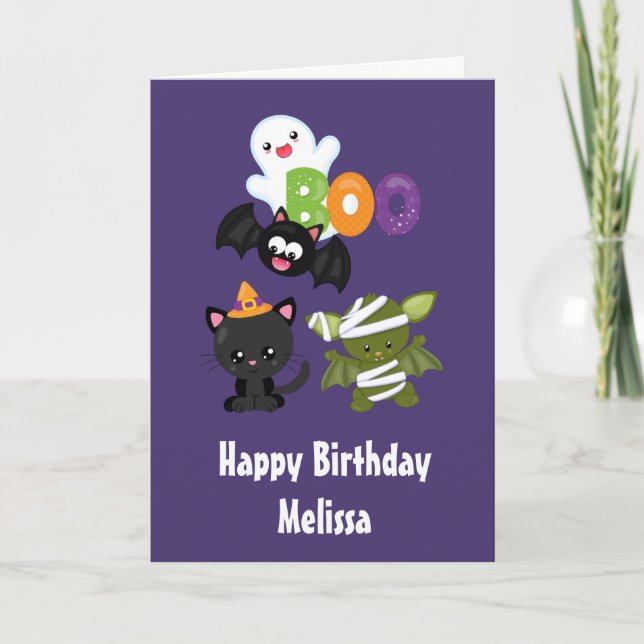 Cute Halloween Cat, Bat, Mummy & Ghost Card (Front)