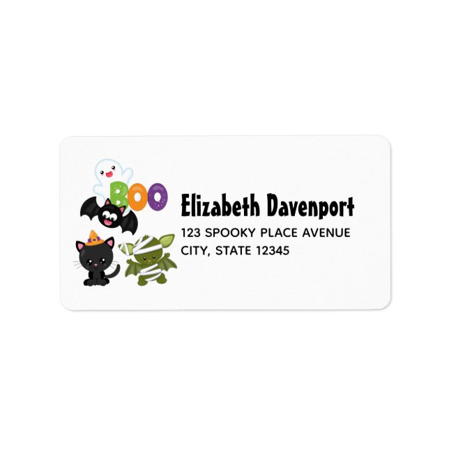 Cute Halloween Cat, Bat, Mummy & Ghost Label (Front)