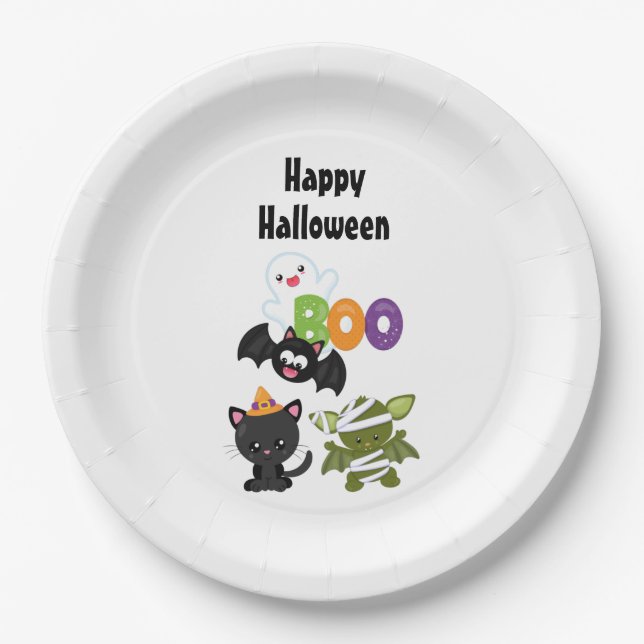 Cute Halloween Cat, Bat, Mummy & Ghost Paper Plate (Front)
