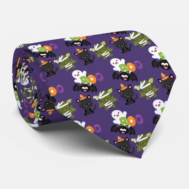 Cute Halloween Cat, Bat, Mummy & Ghost Pattern Tie (Rolled)