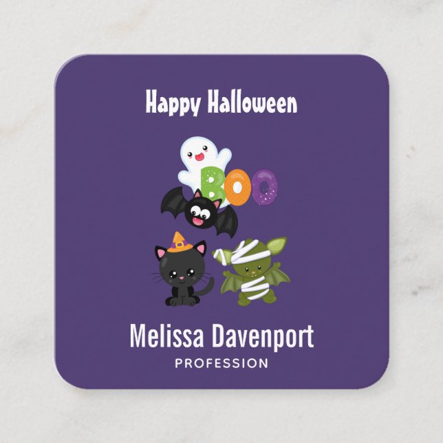 Cute Halloween Cat, Bat, Mummy & Ghost Square Business Card (Front)