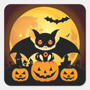 Cute Halloween Cat Character Pumpkins Spooky Decor Square Sticker
