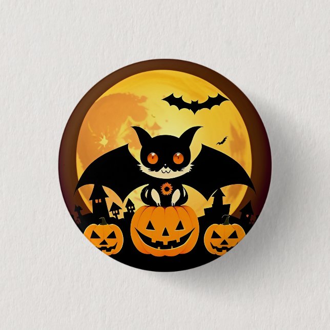 Cute Halloween Cat Character with Pumpkins 1 Inch Round Button (Front)