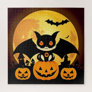 Cute Halloween Cat Character with Pumpkins Jigsaw Puzzle