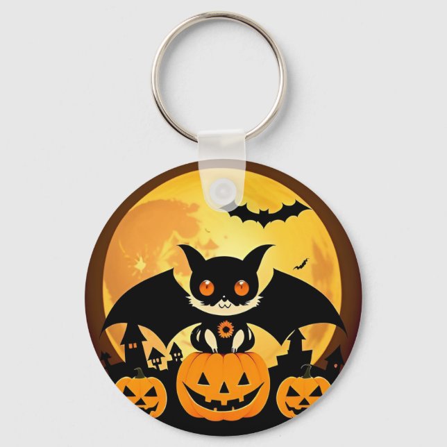 Cute Halloween Cat Character with Pumpkins Keychain (Front)