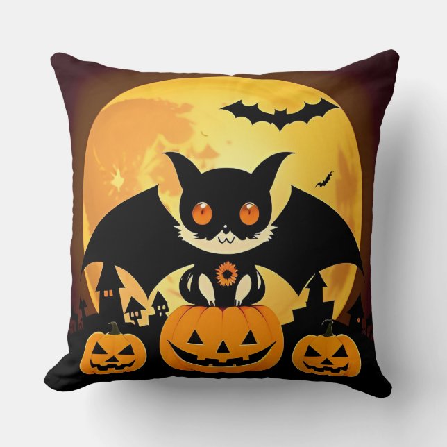 Cute Halloween Cat Character with Pumpkins Throw Pillow (Front)