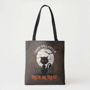 Cute Halloween Cat Full Moon & Flying Bats Tote Bag