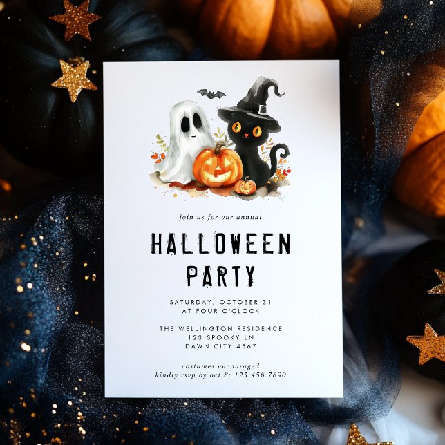 Cute Halloween Cat Ghost Pumpkin Party Invitation (Creator Uploaded)