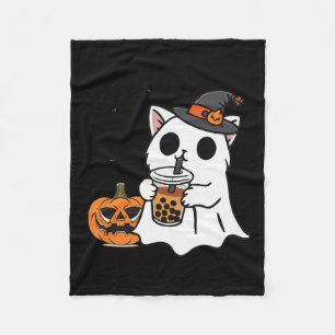 Cute Halloween Cat In Ghost Costume Drinking Boba Fleece Blanket
