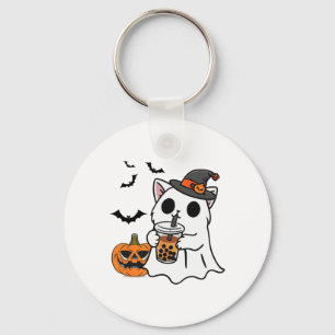 Cute Halloween Cat In Ghost Costume Drinking Boba Keychain