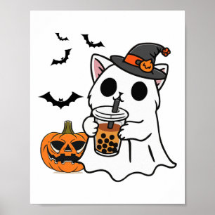 Cute Halloween Cat In Ghost Costume Drinking Boba  Poster
