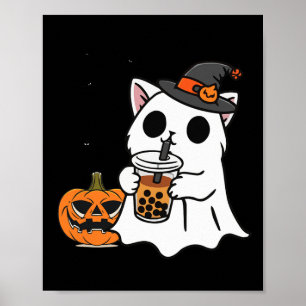 Cute Halloween Cat In Ghost Costume Drinking Boba  Poster