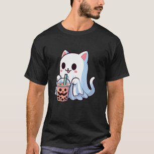 Cute Halloween Cat in Ghost Costume Drinking Boba T-Shirt