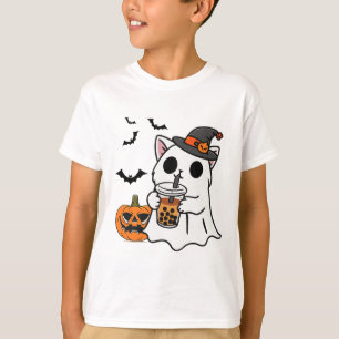 Cute Halloween Cat In Ghost Costume Drinking Boba T-Shirt