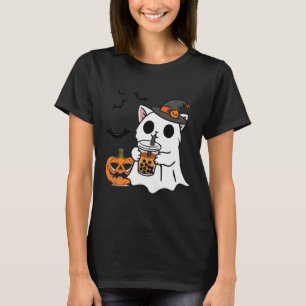 Cute Halloween Cat In Ghost Costume Drinking Boba T-Shirt