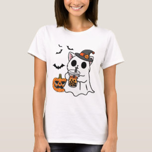 Cute Halloween Cat In Ghost Costume Drinking Boba T-Shirt