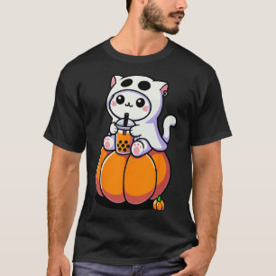 Cute Halloween Cat In Ghost Costume Drinking Boba T-Shirt