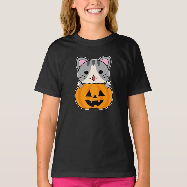 Cute Halloween Cat in Jack o Lantern T-Shirt (Front)