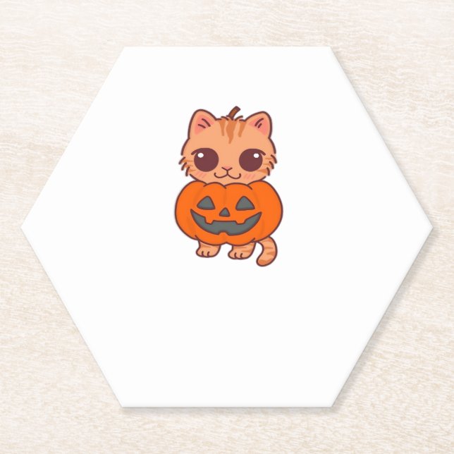 Cute Halloween Cat in Pumpkin Costume Classic T-Sh Paper Coaster (Front)