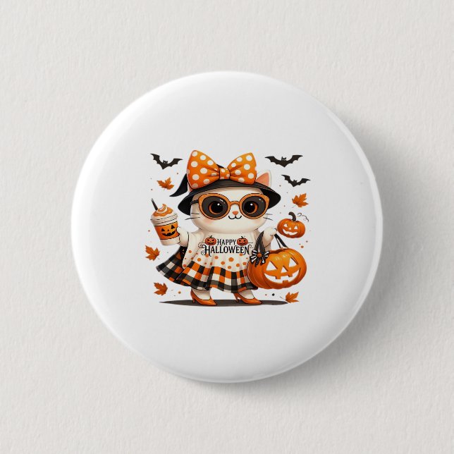 Cute Halloween Cat � Kawaii Witch Kitty with Pumpk 2 Inch Round Button (Front)