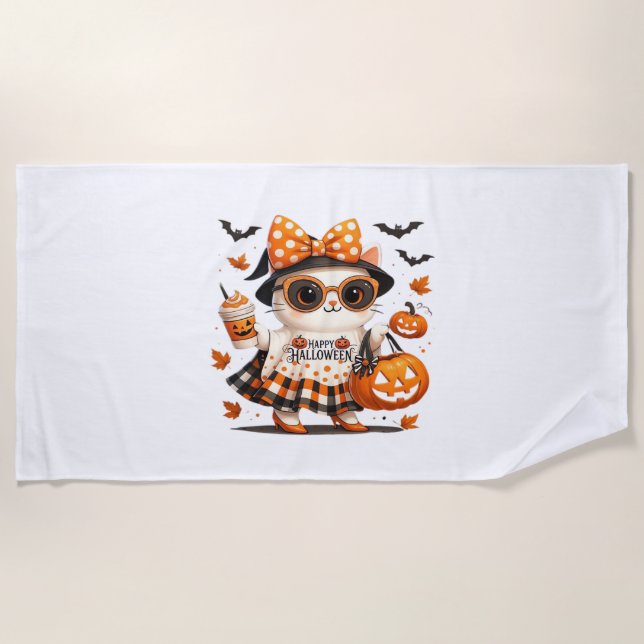 Cute Halloween Cat – Kawaii Witch Kitty with Pumpk Beach Towel (Front)