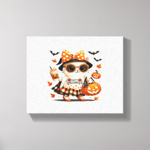 Cute Halloween Cat – Kawaii Witch Kitty with Pumpk Canvas Print