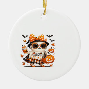 Cute Halloween Cat � Kawaii Witch Kitty with Pumpk Ceramic Ornament