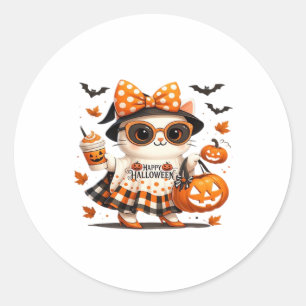 Cute Halloween Cat � Kawaii Witch Kitty with Pumpk Classic Round Sticker