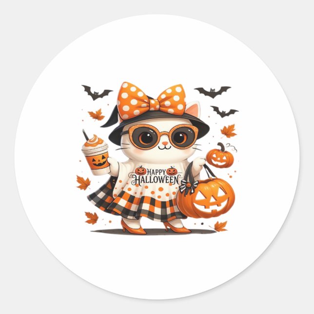 Cute Halloween Cat � Kawaii Witch Kitty with Pumpk Classic Round Sticker (Front)
