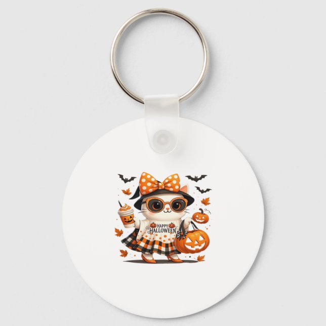 Cute Halloween Cat � Kawaii Witch Kitty with Pumpk Keychain (Front)