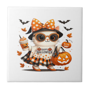 Cute Halloween Cat � Kawaii Witch Kitty with Pumpk Tile