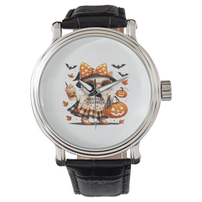 Cute Halloween Cat – Kawaii Witch Kitty with Pumpk Watch (Front)