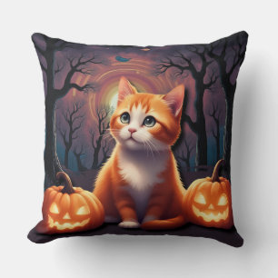 Cute Halloween Cat Orange and White Kitty Throw Pillow