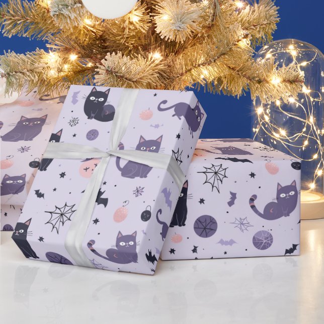 Cute Halloween cat purple Wrapping Paper (Holidays)