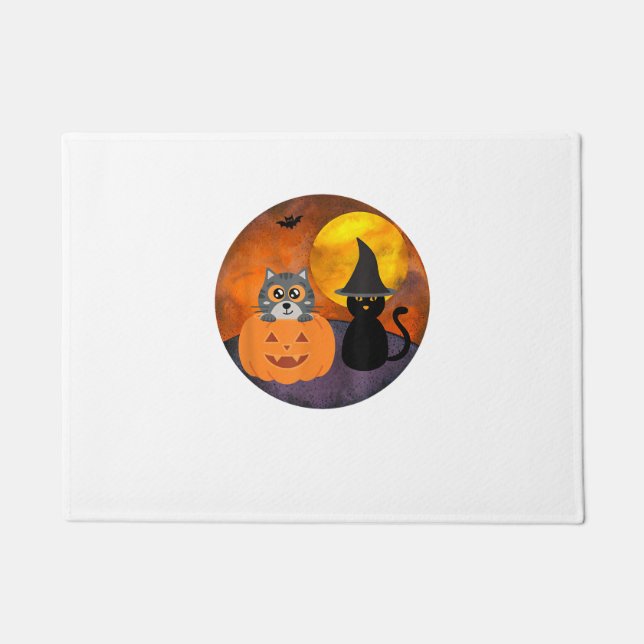 Cute Halloween Cat Scene Witch Pumpkin Bat Full Mo Doormat (Front)