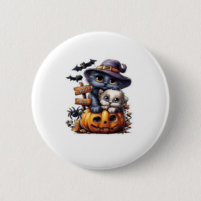 Cute Halloween Cat Sticker � Witch Hat, Pumpkin an 2 Inch Round Button (Front)