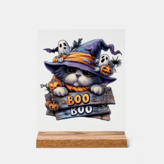 Cute Halloween Cat Sticker � Witch Hat, Pumpkin an Acrylic Sign