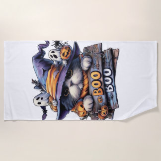 Cute Halloween Cat Sticker � Witch Hat, Pumpkin an Beach Towel