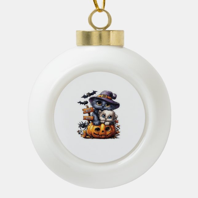 Cute Halloween Cat Sticker – Witch Hat, Pumpkin an Ceramic Ball Christmas Ornament (Front)