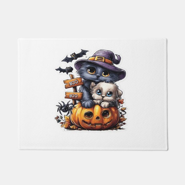 Cute Halloween Cat Sticker – Witch Hat, Pumpkin an Doormat (Front)