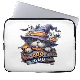 Cute Halloween Cat Sticker � Witch Hat, Pumpkin an Laptop Sleeve