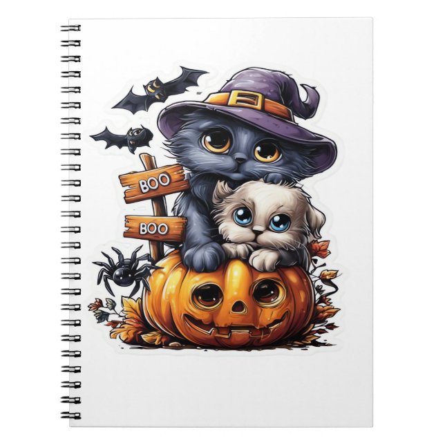 Cute Halloween Cat Sticker – Witch Hat, Pumpkin an Notebook (Front)