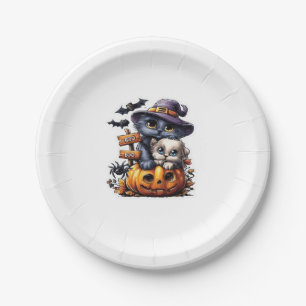 Cute Halloween Cat Sticker – Witch Hat, Pumpkin an Paper Plate
