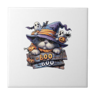 Cute Halloween Cat Sticker � Witch Hat, Pumpkin an Tile